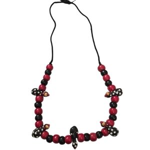 Vintage black and red enamal ceramic beaded chicken necklace